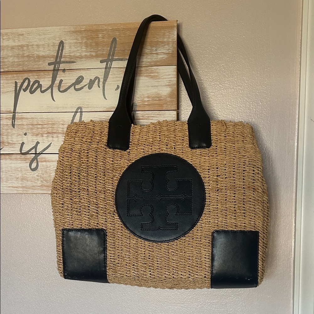 Tory Burch Ella Straw Tote Bag with Leather Trim